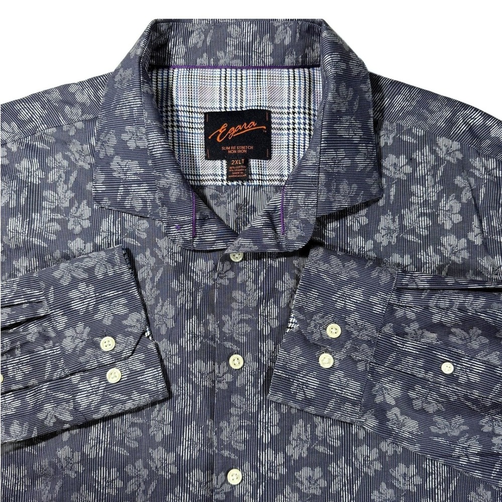 Egara Mens Slim Fit Stretch Blue Floral Stripe Long Sleeve Button Up Shirt 2XLT‎